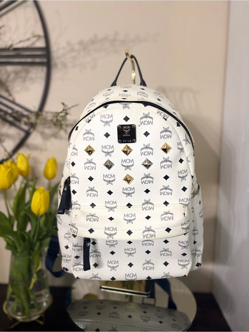 MCM Stark Visetos Studded Backpack White & Navy Leather Backpack